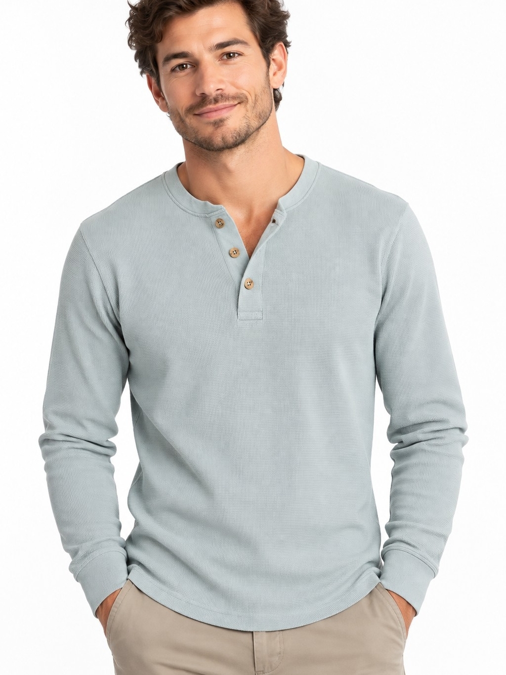 Butterblu Organic Cotton Waffle Knit Henley Shirt Sage Green Small classic basic